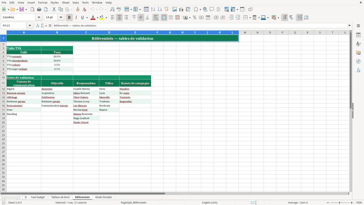 Capture 3 : feuille Référentiels - Modèle Excel budget communication excel