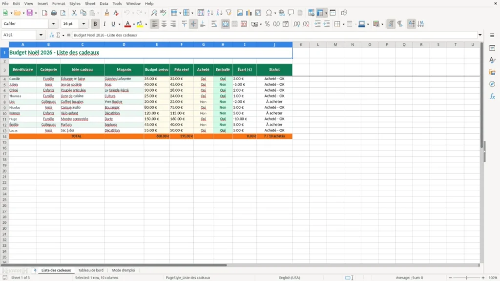 Liste des cadeaux – Budget Noël Excel – Modèle Gratuit (2026)