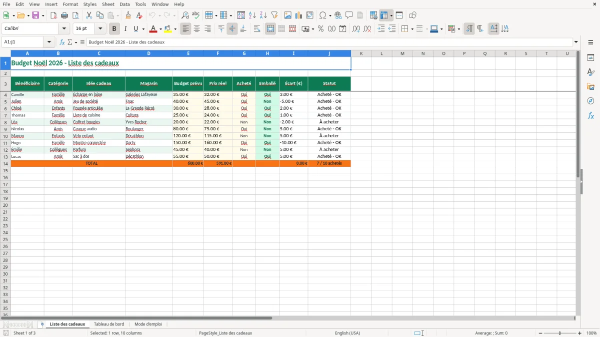 Capture 1 : feuille Liste des cadeaux - Modèle Excel budget noel excel