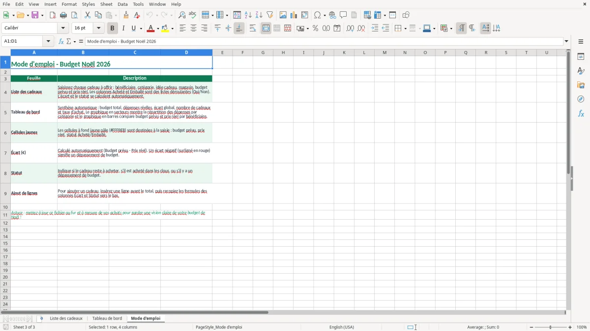 Capture 3 : feuille Mode d'emploi - Modèle Excel budget noel excel