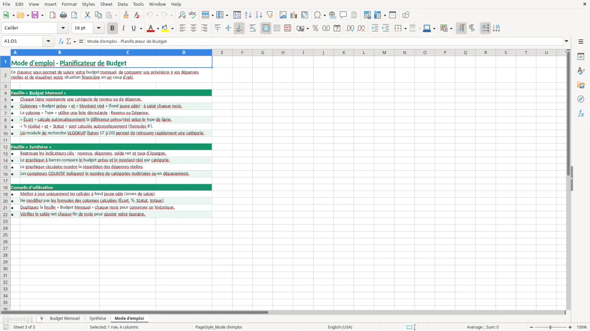 Capture 3 : feuille Mode d'emploi - Modèle Excel budget planner excel