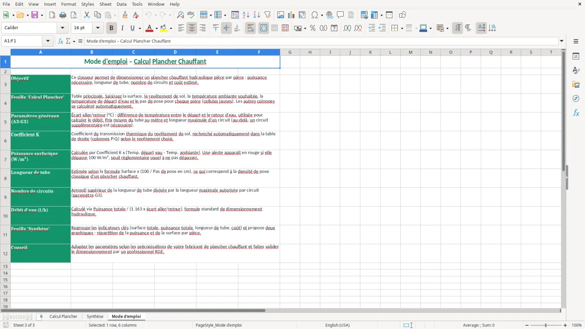 Capture 3 : feuille Mode d'emploi - Modèle Excel calcul plancher chauffant excel