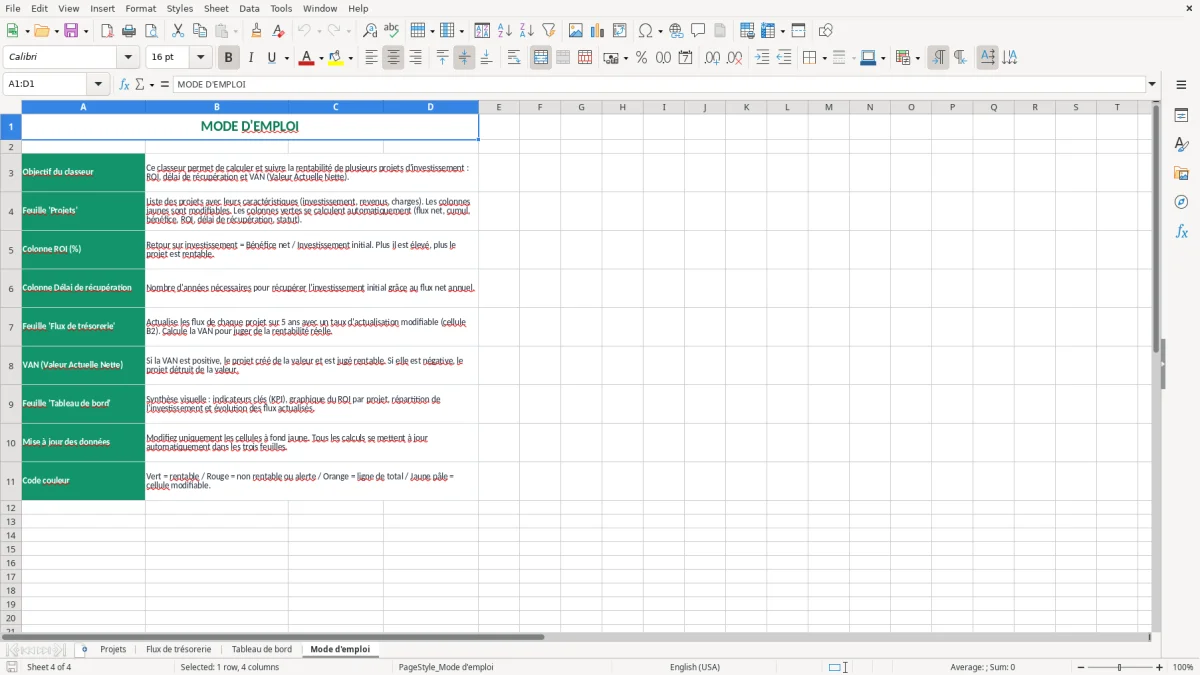 Capture 4 : feuille Mode d'emploi - Modèle Excel calcul rentabilite projet excel