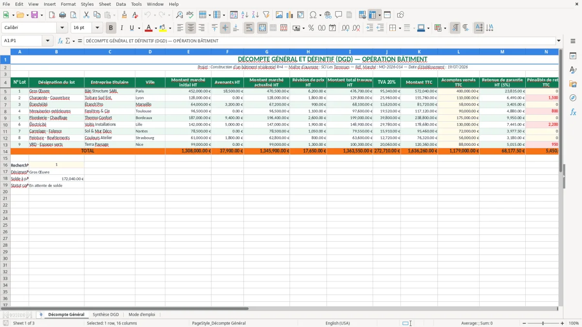 Capture 1 : feuille Décompte Général - Modèle Excel decompte general modele dgd batiment excel