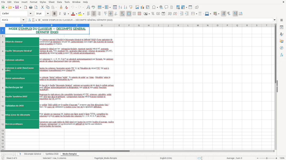 Capture 3 : feuille Mode d'emploi - Modèle Excel decompte general modele dgd batiment excel