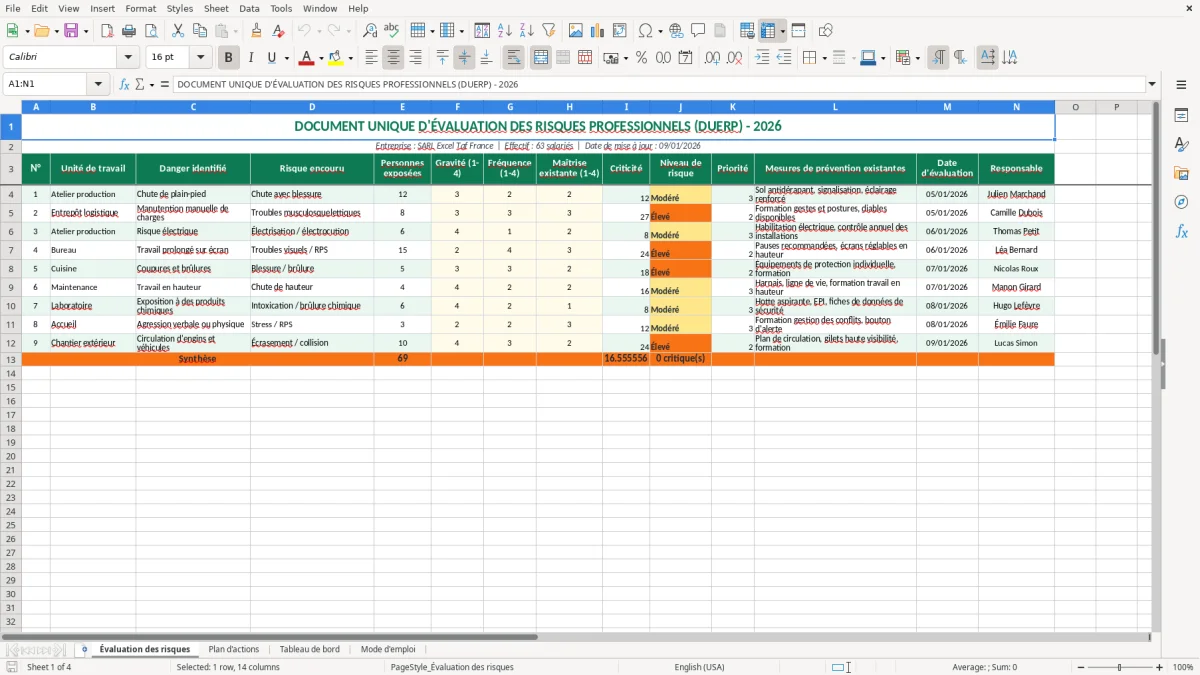 Capture 1 : feuille Évaluation des risques - Modèle Excel document unique evaluation risques professionnels excel