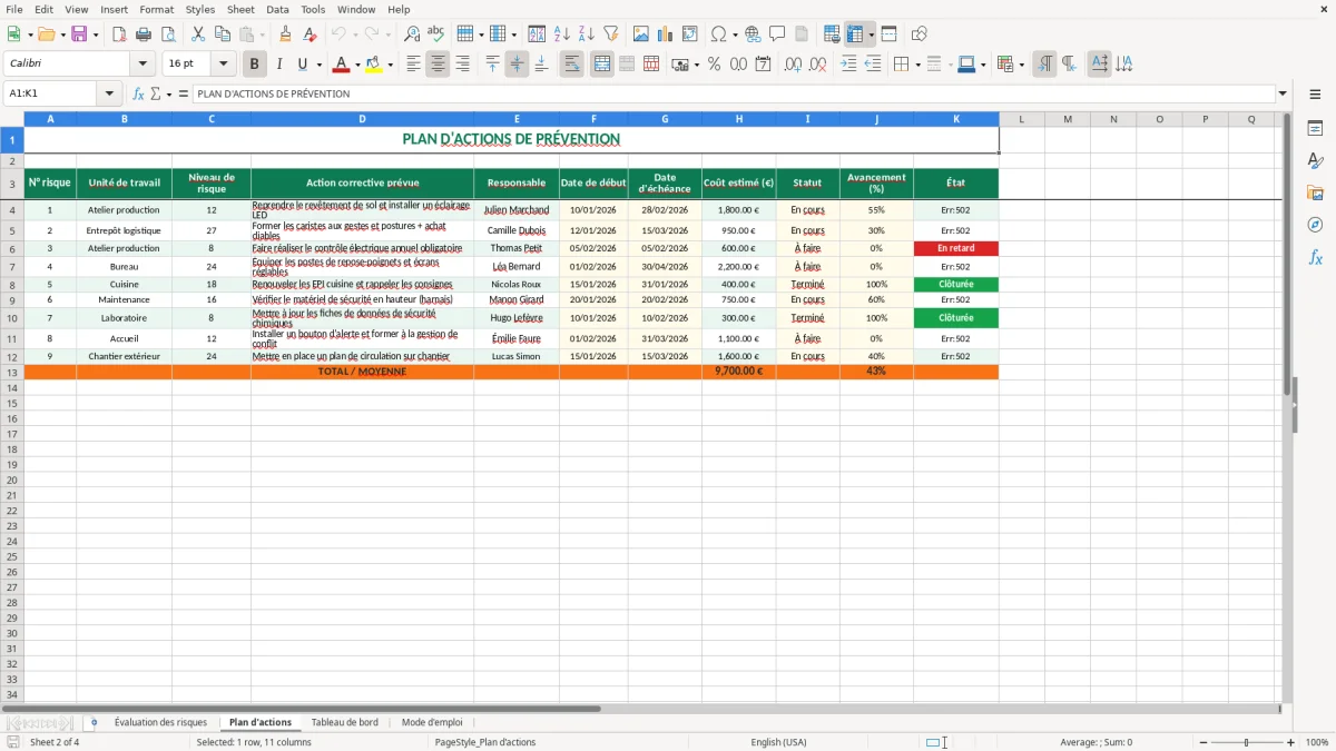 Capture 2 : feuille Plan d'actions - Modèle Excel document unique evaluation risques professionnels excel