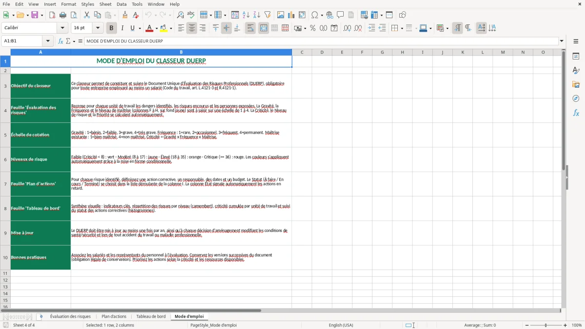 Capture 4 : feuille Mode d'emploi - Modèle Excel document unique evaluation risques professionnels excel