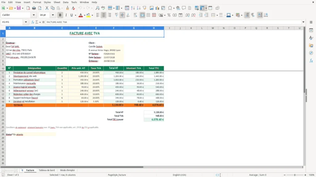 Facture – Facture avec TVA Excel – Modèle Gratuit (2026)