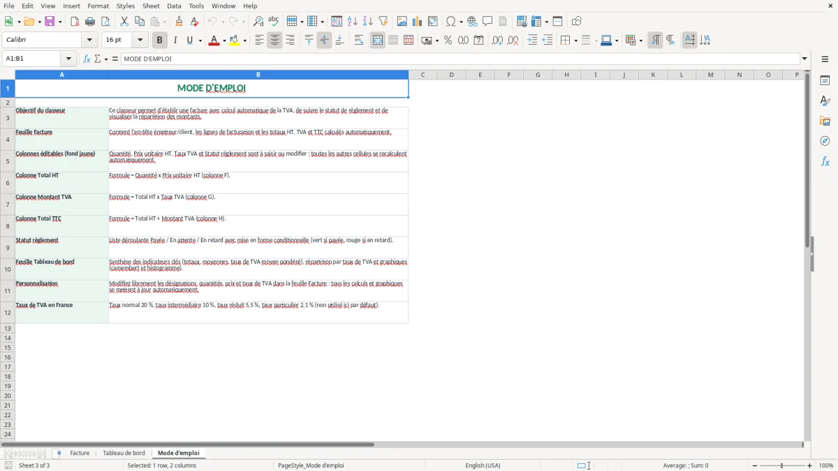 Capture 3 : feuille Mode d'emploi - Modèle Excel facture avec tva excel