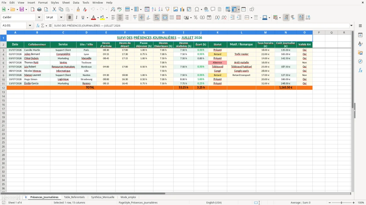Capture 1 : feuille Présences_Journalières - Modèle Excel feuille presence journaliere excel