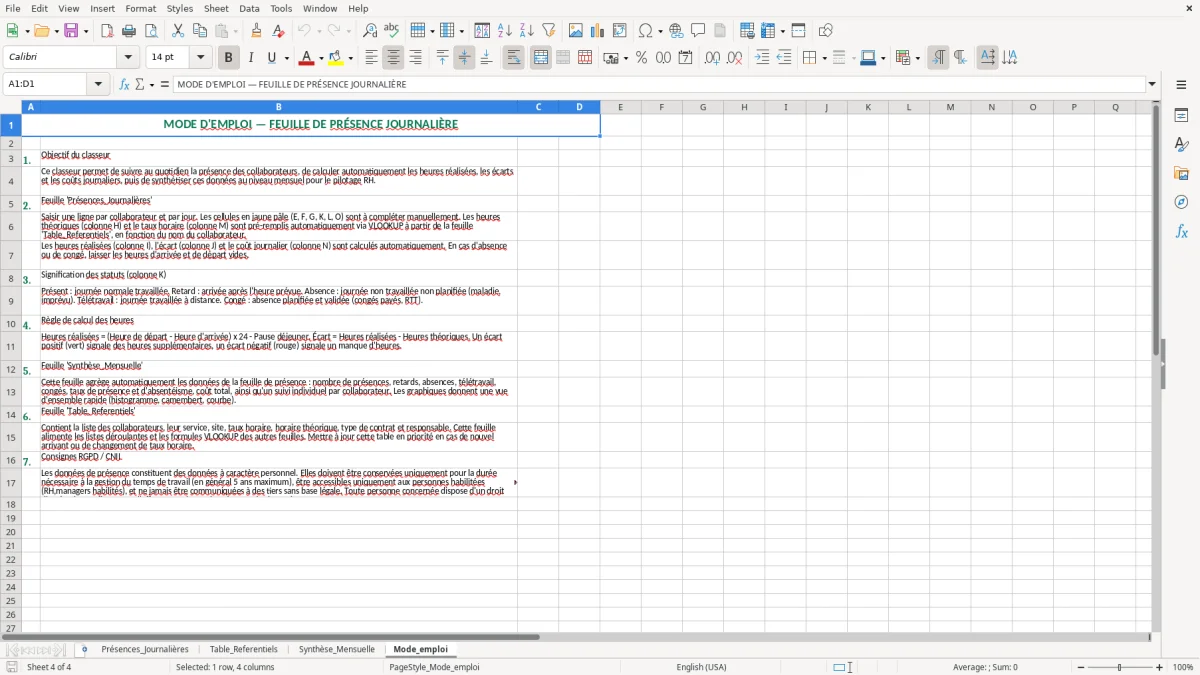 Capture 4 : feuille Mode_emploi - Modèle Excel feuille presence journaliere excel