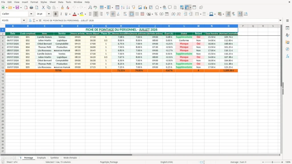 Pointage – Pointage personnel Excel – Modèle gratuit (2026)
