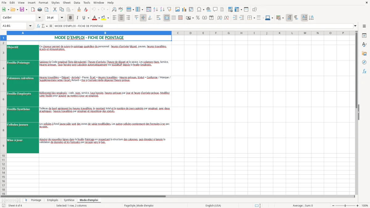Capture 4 : feuille Mode d'emploi - Modèle Excel fiche pointage personnel excel