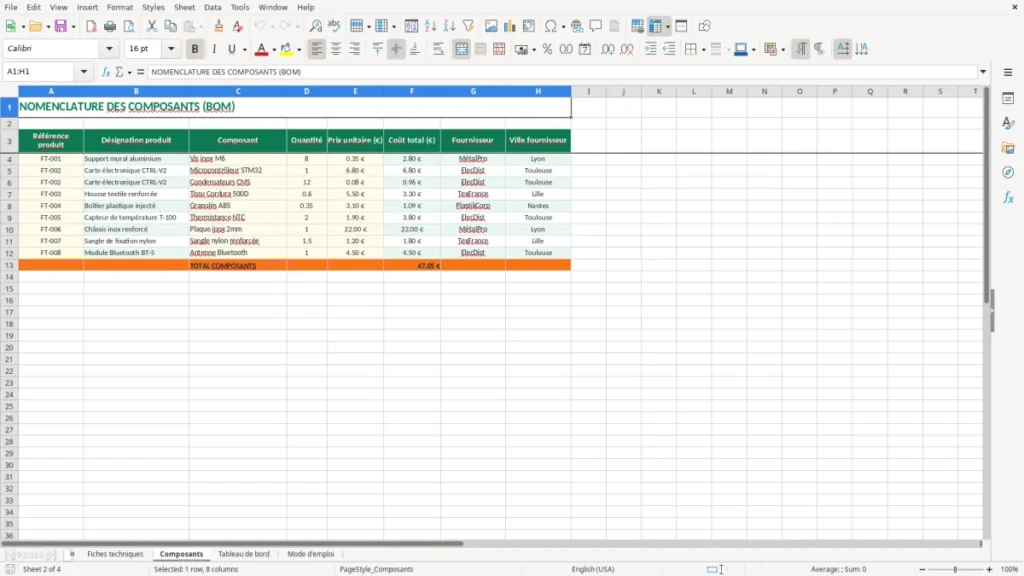 Composants – Fiche technique Excel – Modèle Gratuit (2026)