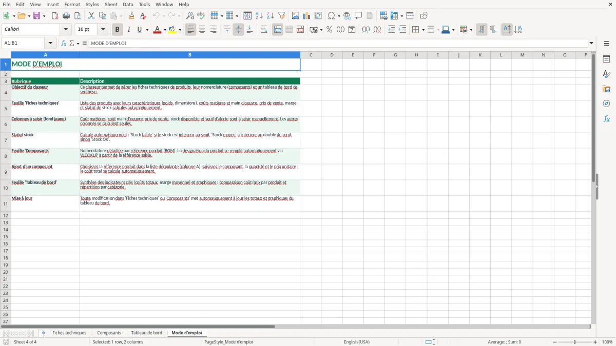 Capture 4 : feuille Mode d'emploi - Modèle Excel fiche technique excel