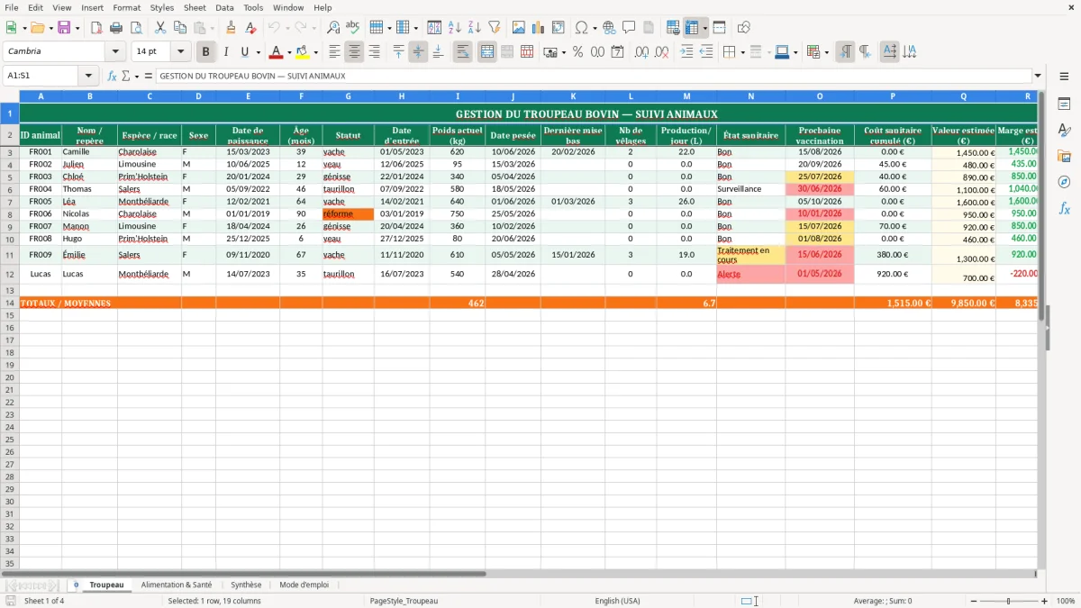 Capture 1 : feuille Troupeau - Modèle Excel gestion troupeau bovin excel