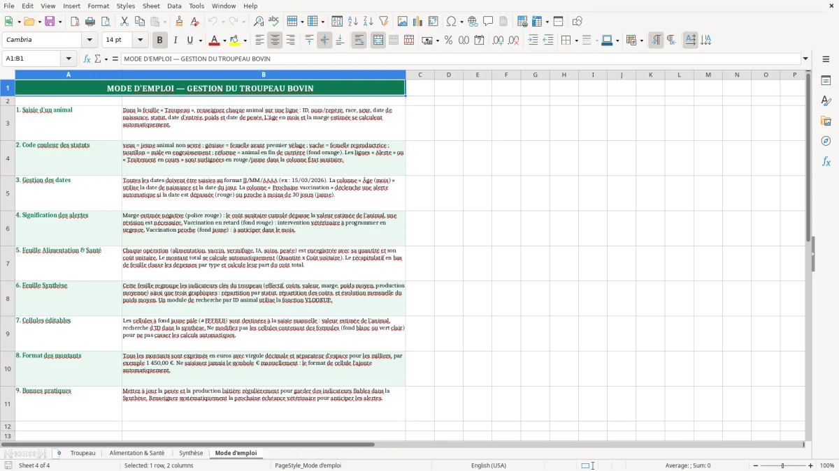 Capture 4 : feuille Mode d'emploi - Modèle Excel gestion troupeau bovin excel