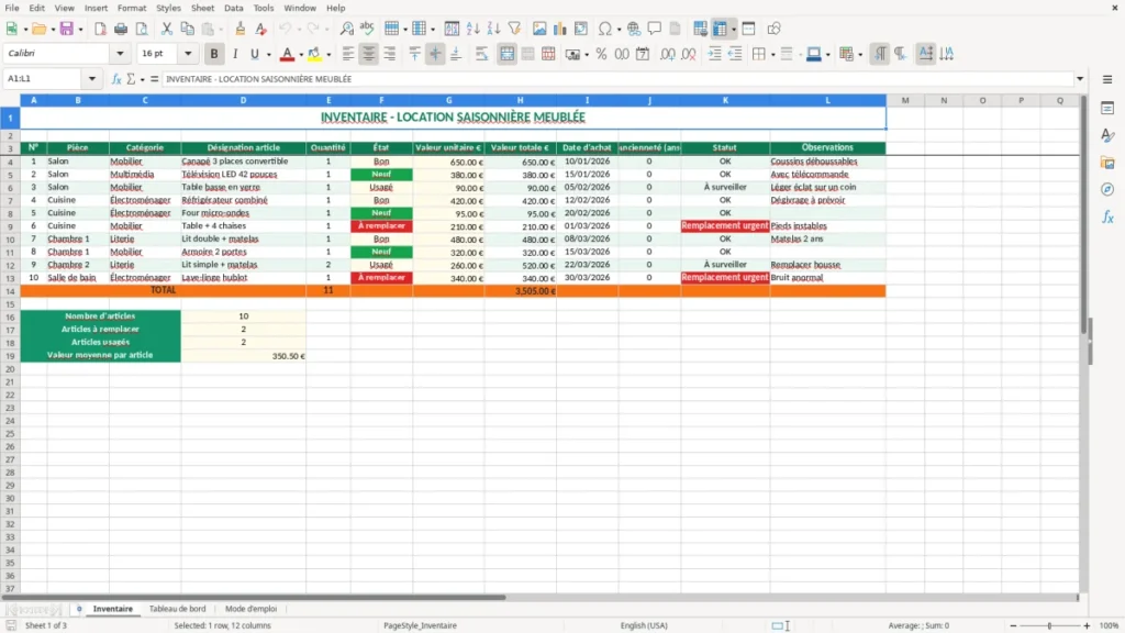 Inventaire – Location saisonnière Excel – Modèle Gratuit (2026)