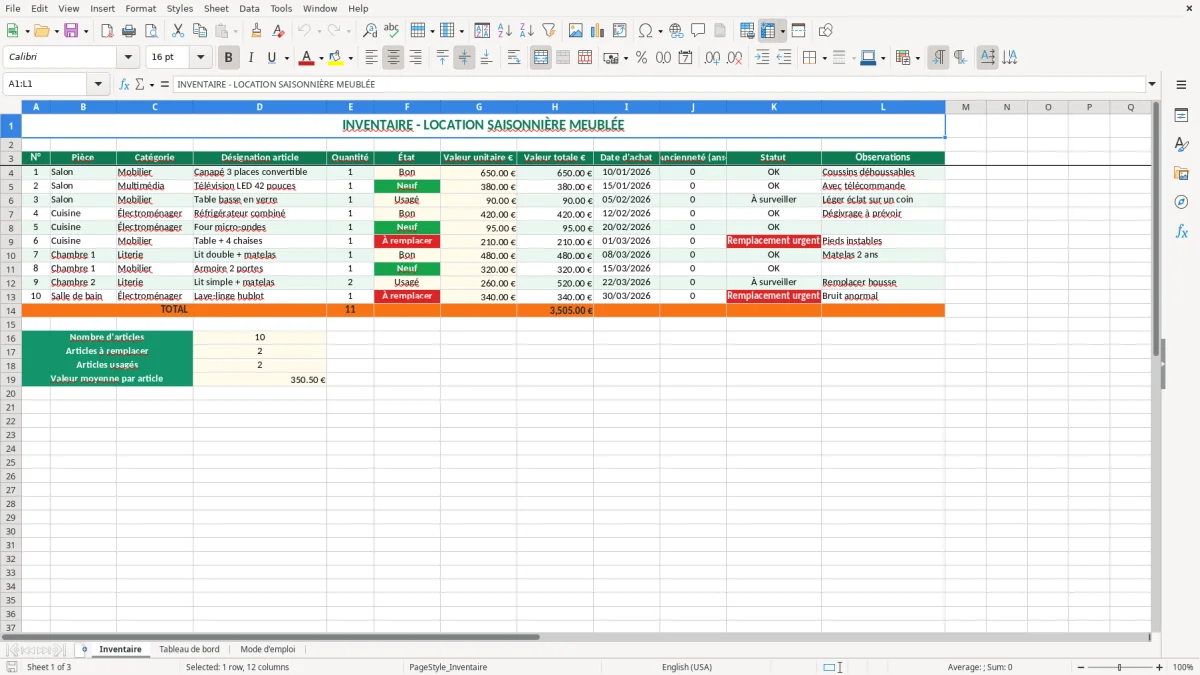 Capture 1 : feuille Inventaire - Modèle Excel inventaire location saisonniere meublee excel