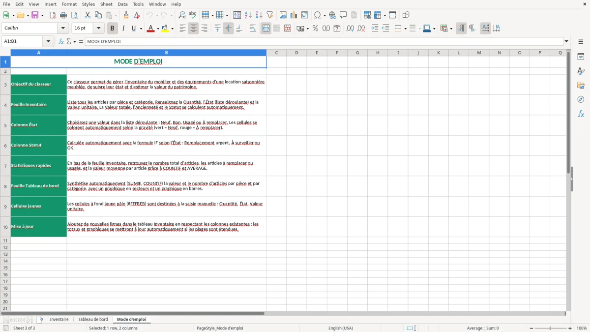 Capture 3 : feuille Mode d'emploi - Modèle Excel inventaire location saisonniere meublee excel