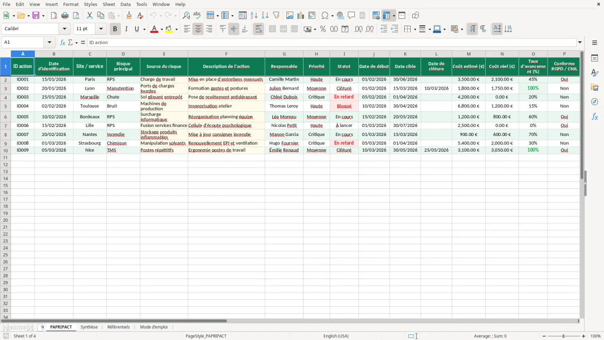 Capture 1 : feuille PAPRIPACT - Modèle Excel papripact excel