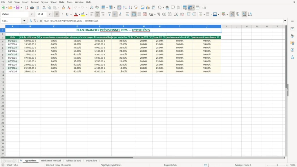 Hypothèses – Plan financier Excel – Modèle Gratuit (2026)
