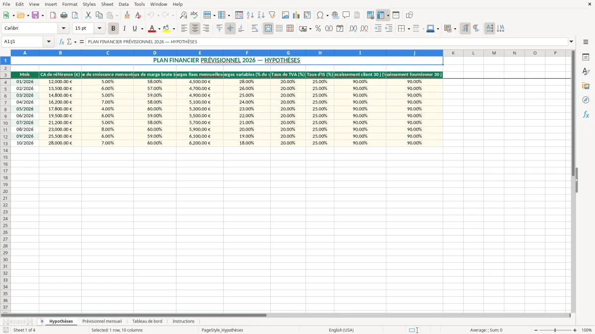 Capture 1 : feuille Hypothèses - Modèle Excel plan financier previsionnel excel