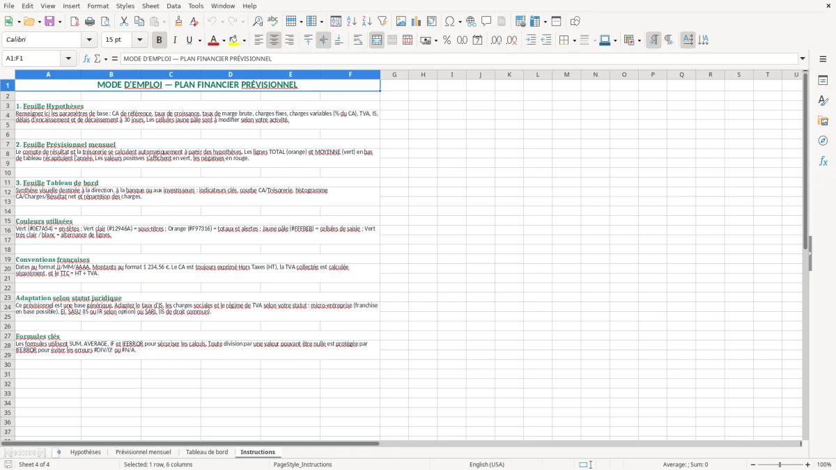 Capture 4 : feuille Instructions - Modèle Excel plan financier previsionnel excel