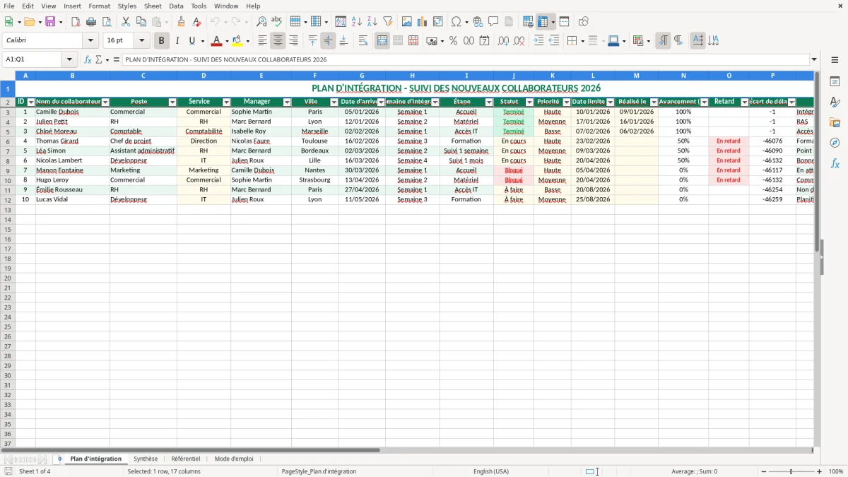 Capture 1 : feuille Plan d'intégration - Modèle Excel plan integration exemple excel