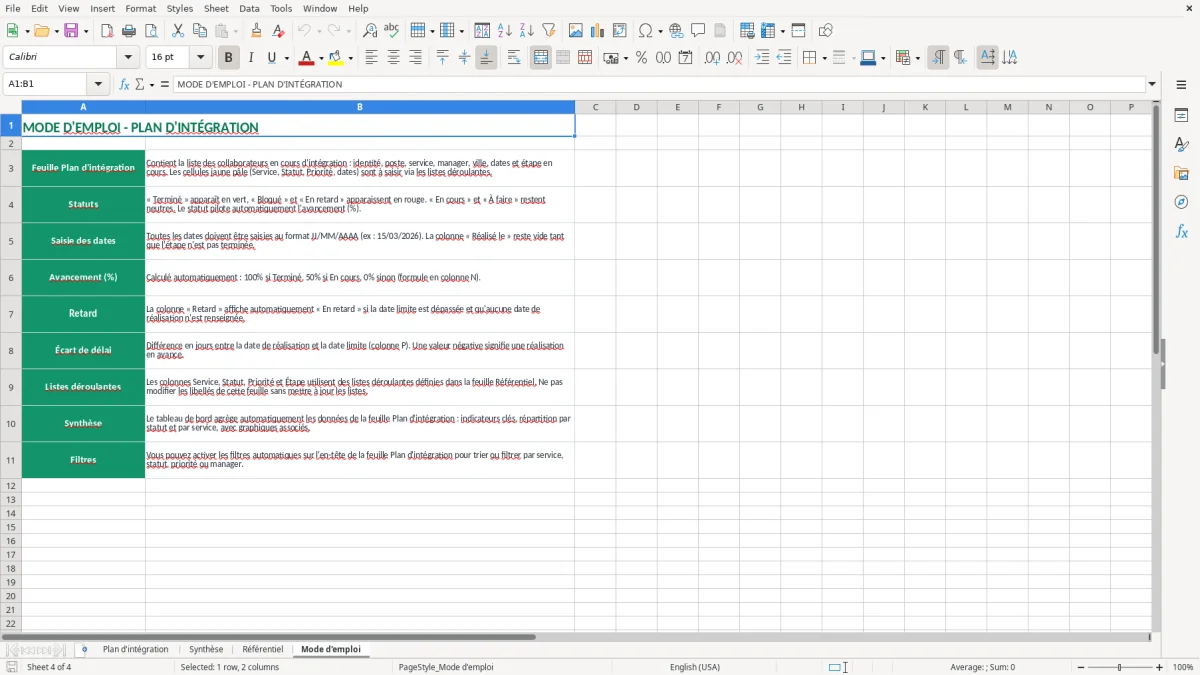 Capture 4 : feuille Mode d'emploi - Modèle Excel plan integration exemple excel