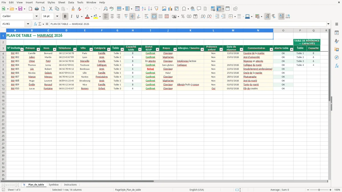Capture 1 : feuille Plan_de_table - Modèle Excel plan table excel