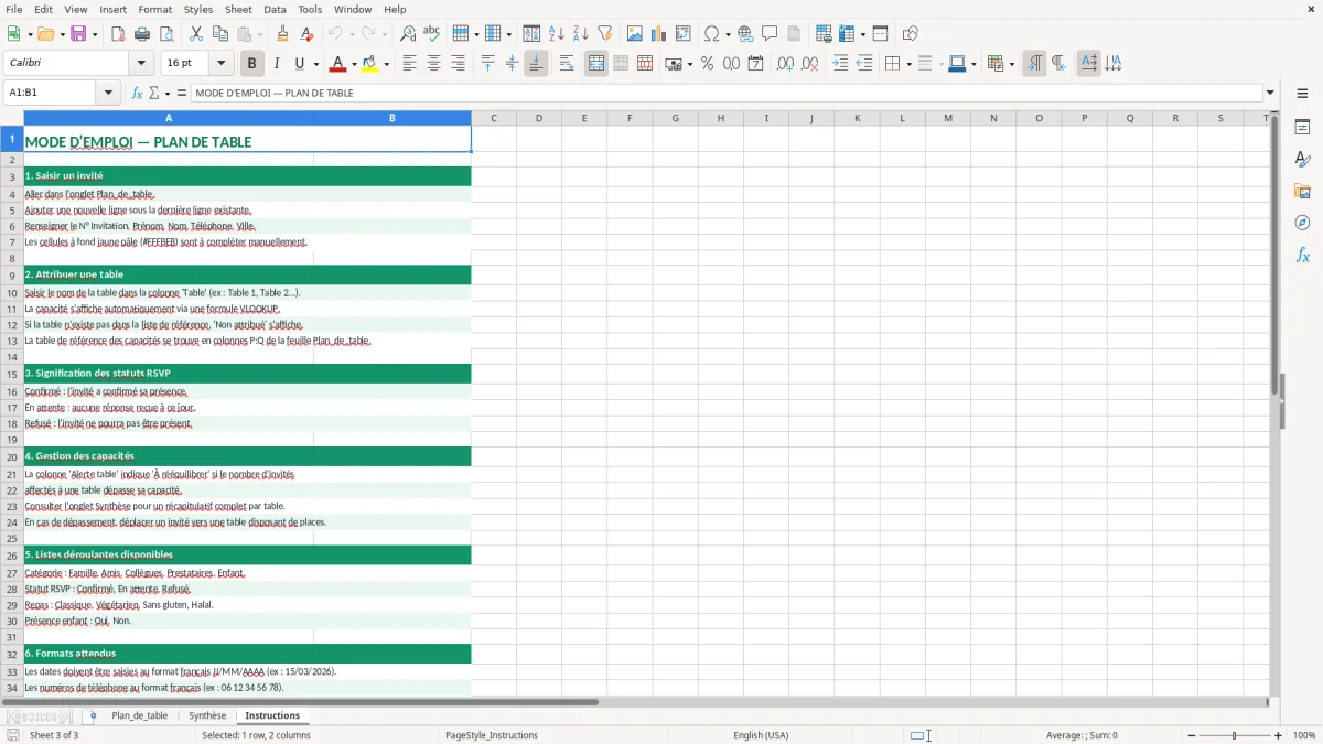 Capture 3 : feuille Instructions - Modèle Excel plan table excel