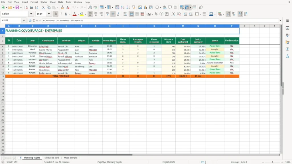Planning Trajets – Planning covoiturage Excel – Modèle Gratuit (2026)