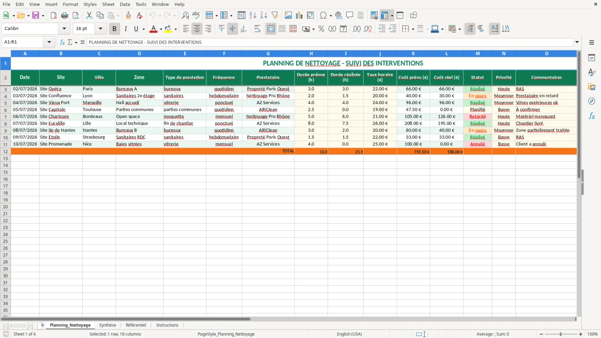Capture 1 : feuille Planning_Nettoyage - Modèle Excel planning nettoyage entreprise excel