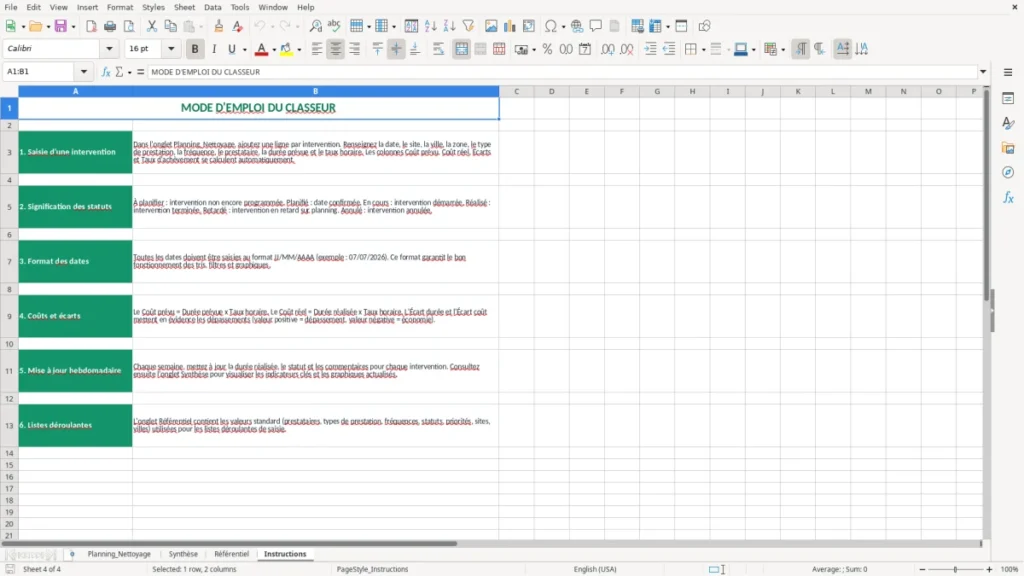 Instructions – Planning Nettoyage Excel – Modèle Gratuit (2026)