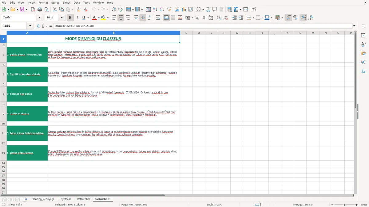 Capture 4 : feuille Instructions - Modèle Excel planning nettoyage entreprise excel