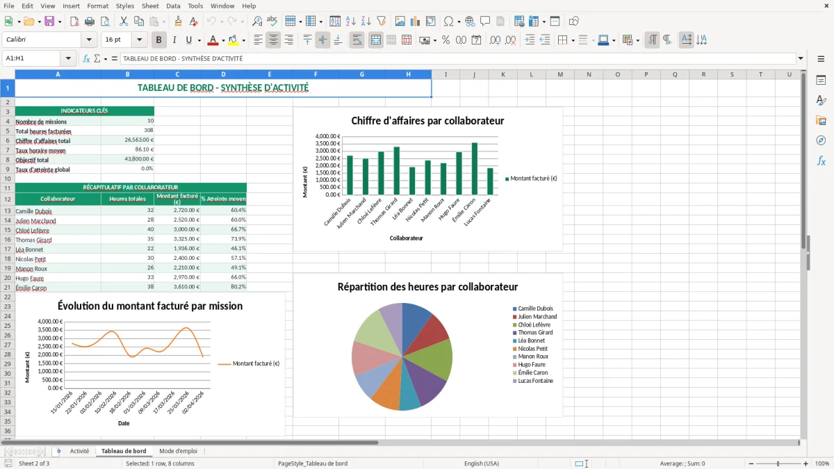 Capture 2 : feuille Tableau de bord - Modèle Excel tableau bord suivi activite excel