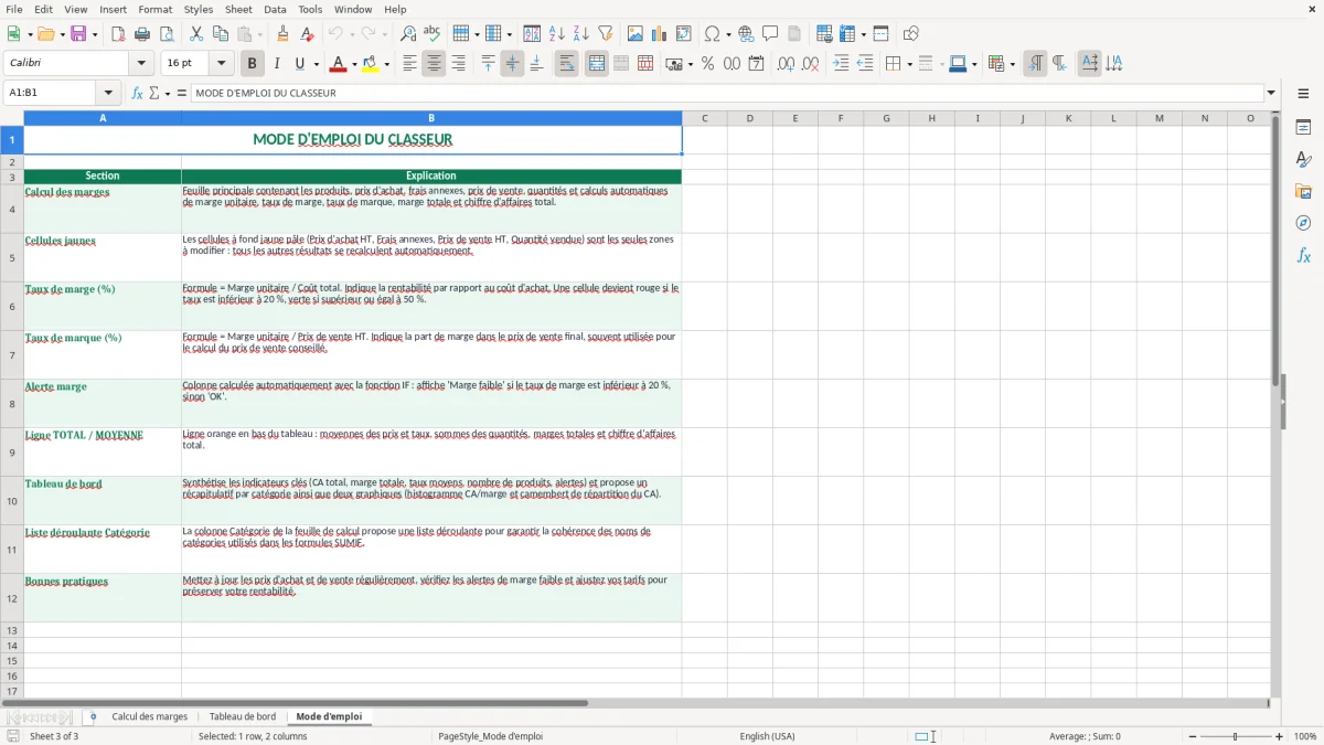 Capture 3 : feuille Mode d'emploi - Modèle Excel tableau calcul marge excel