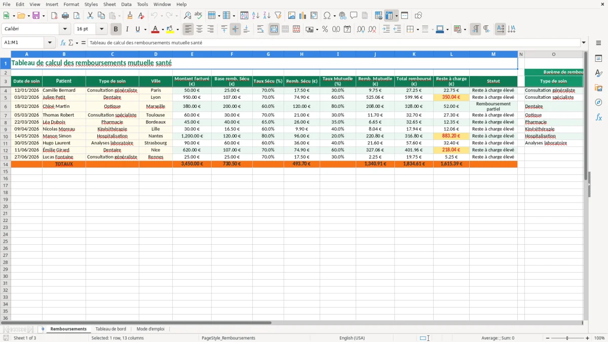 Capture 1 : feuille Remboursements - Modèle Excel tableau calcul remboursement mutuelle excel
