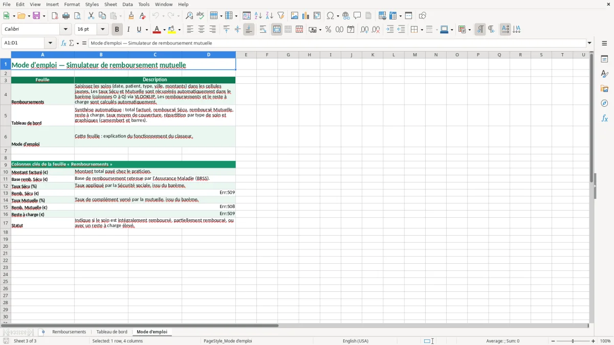 Capture 3 : feuille Mode d'emploi - Modèle Excel tableau calcul remboursement mutuelle excel