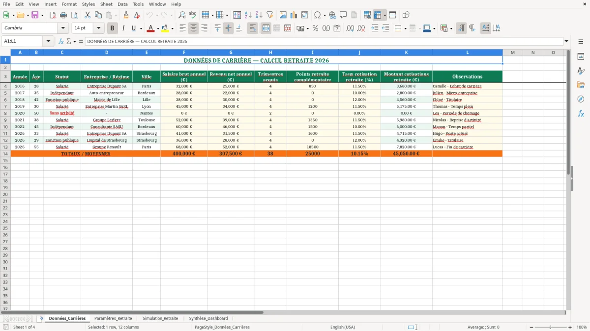 Capture 1 : feuille Données_Carrières - Modèle Excel tableau calcul retraite excel