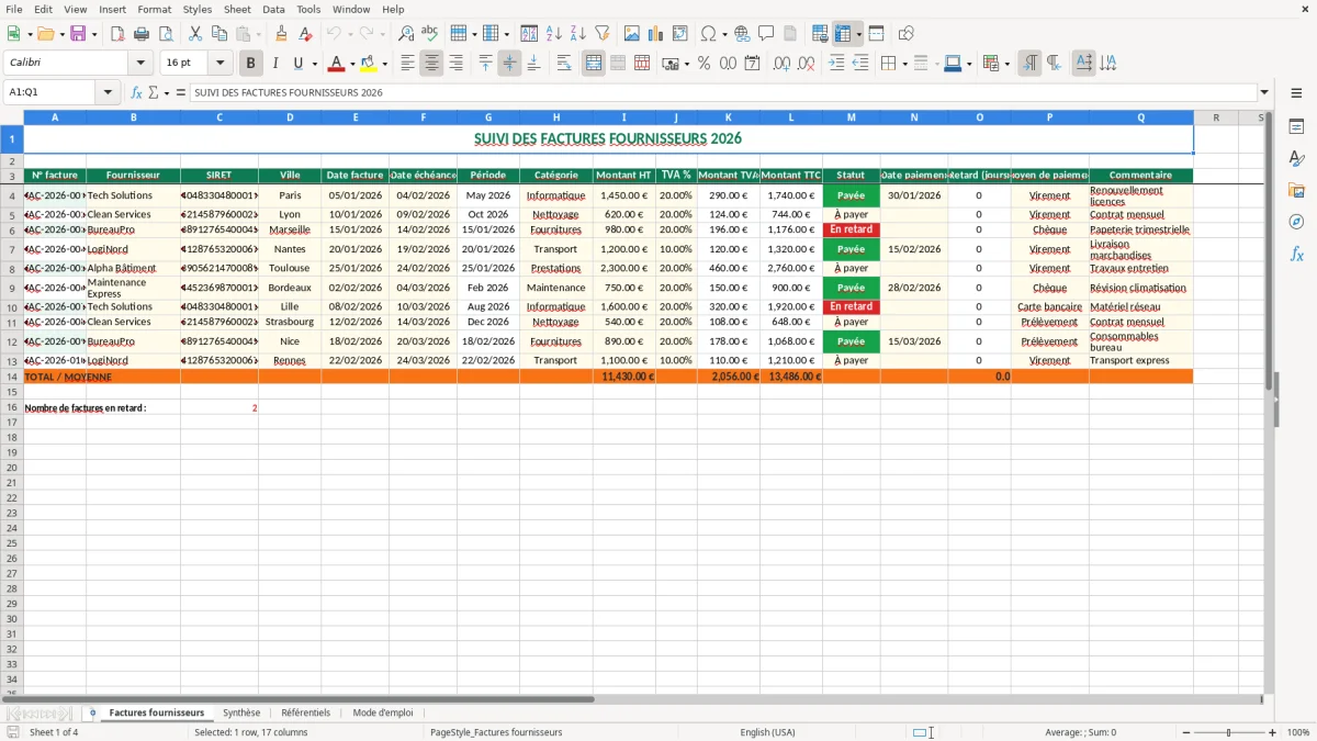 Capture 1 : feuille Factures fournisseurs - Modèle Excel tableau suivi factures fournisseurs excel