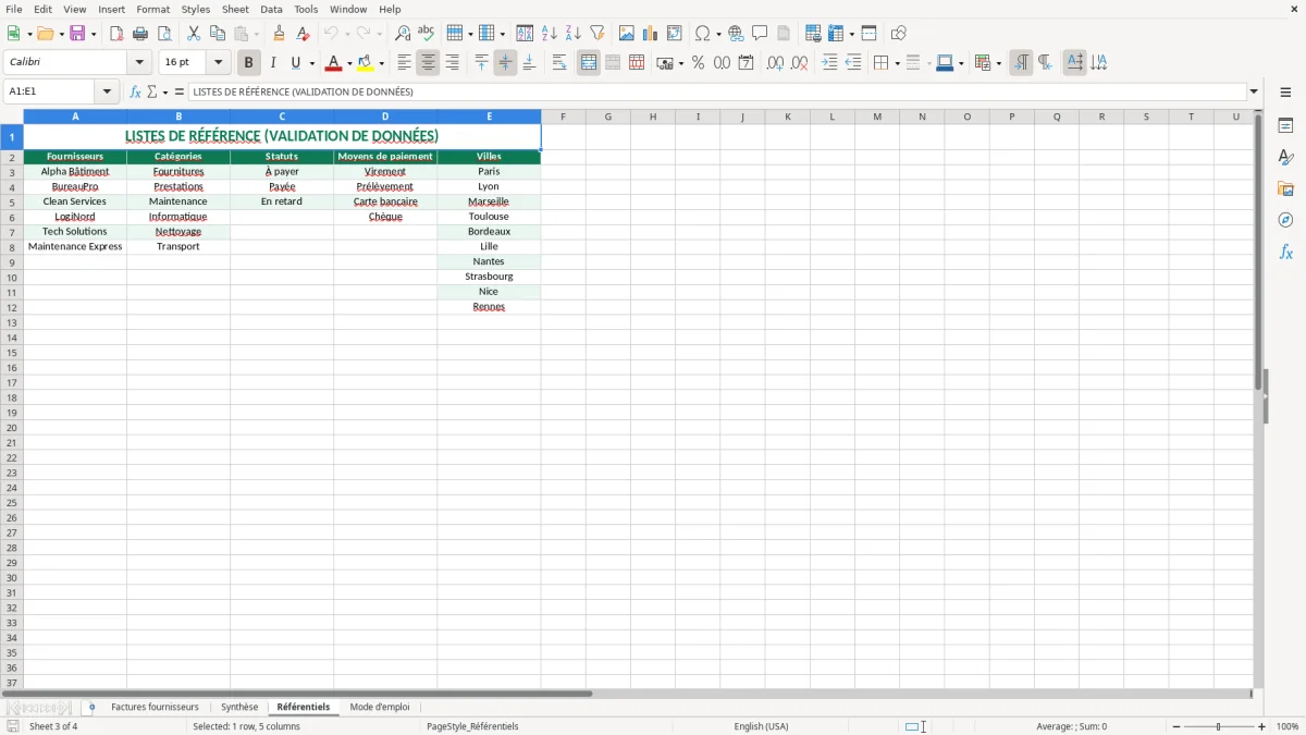 Capture 3 : feuille Référentiels - Modèle Excel tableau suivi factures fournisseurs excel