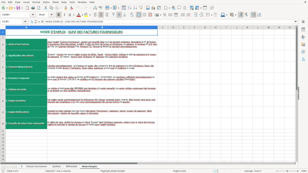 Capture 4 : feuille Mode d'emploi - Modèle Excel tableau suivi factures fournisseurs excel