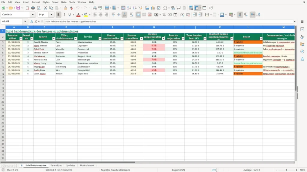 Suivi hebdomadaire – Suivi des heures supplémentaires Excel