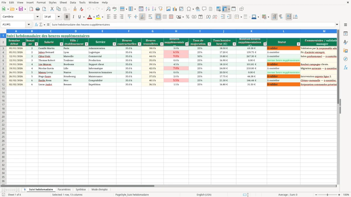 Capture 1 : feuille Suivi hebdomadaire - Modèle Excel tableau suivi heures supplementaires hebdomadaires excel