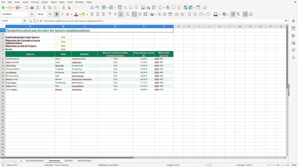 Paramètres – Suivi des heures supplémentaires Excel