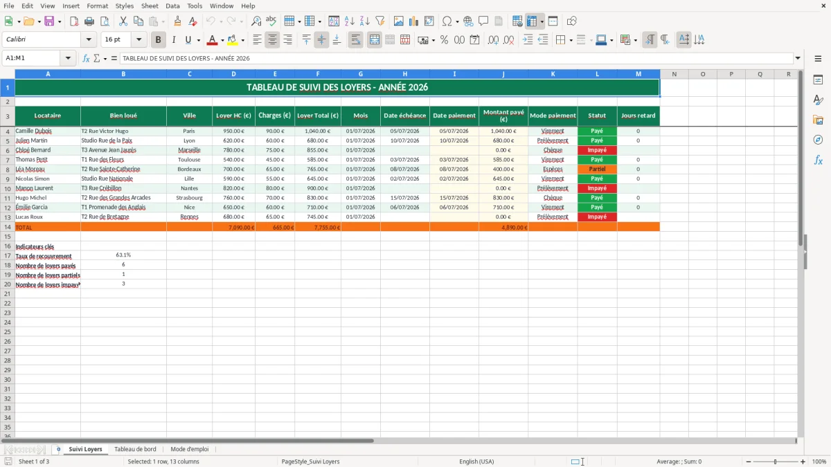 Capture 1 : feuille Suivi Loyers - Modèle Excel tableau suivi loyer excel