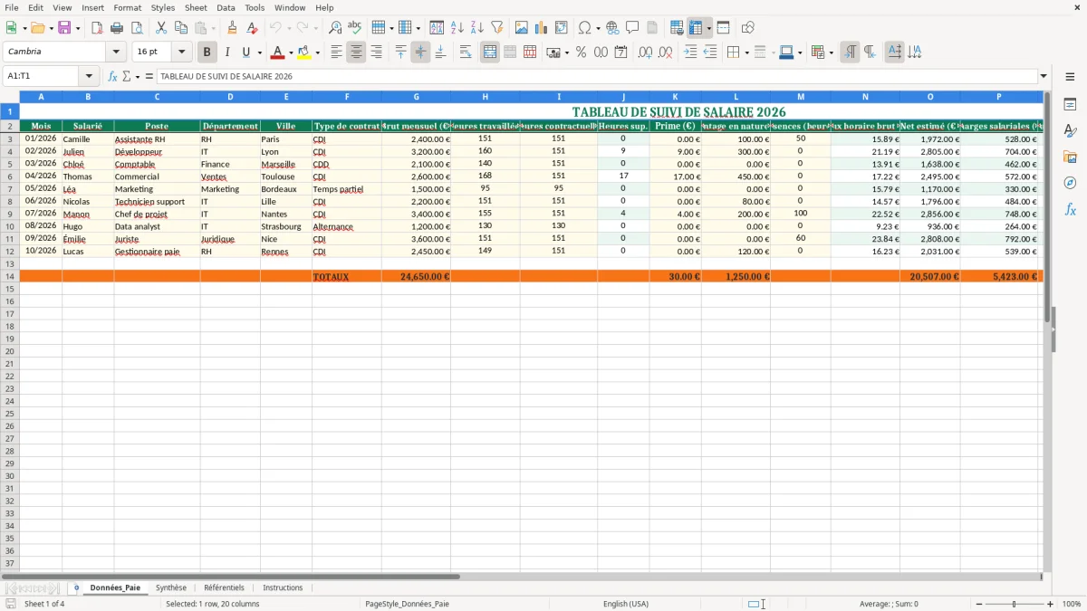 Capture 1 : feuille Données_Paie - Modèle Excel tableau suivi salaire xls excel